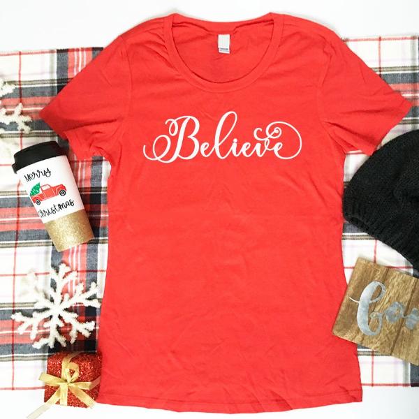 Believe Ladies Tshirt, Ladies Christmas Shirt, Christmas Magic, Ladies Santa Shirt