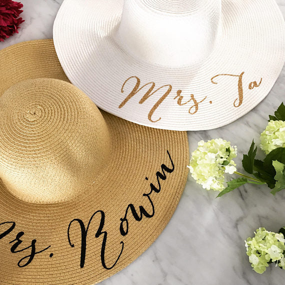 personalized bride hat, last name written on hat, wide brim straw hat, bride hat, honeymoon hat