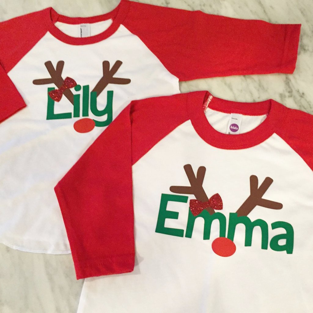 Girls Christmas Shirt With Red Glitter Bow, Girls Reindeer Shirt