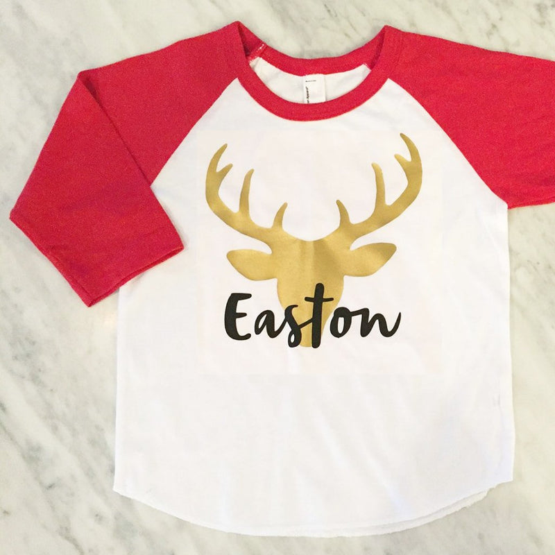 Kids Christmas Shirt, Reindeer Shirt, Gold Deer Shirt, Boys Holiday Shirt, Gold Stag Shirt