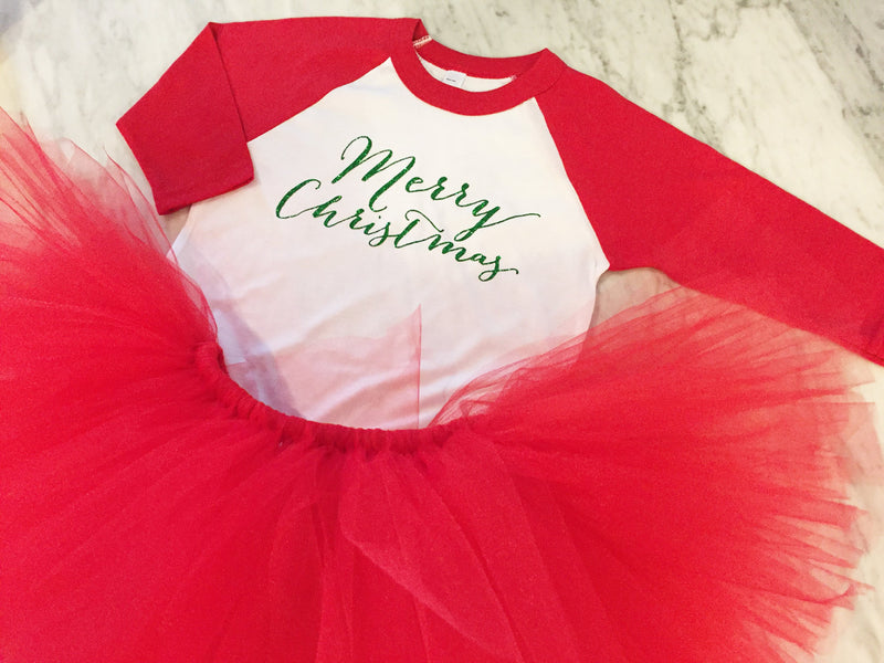 girls christmas outfit, red tutu, merry christmas shirt, red glitter bow hair clip or headband