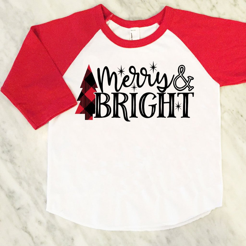 Kids Christmas Shirt, Merry & Bright Shirt, Buffalo Plaid, Kids Festive Holiday Shirt