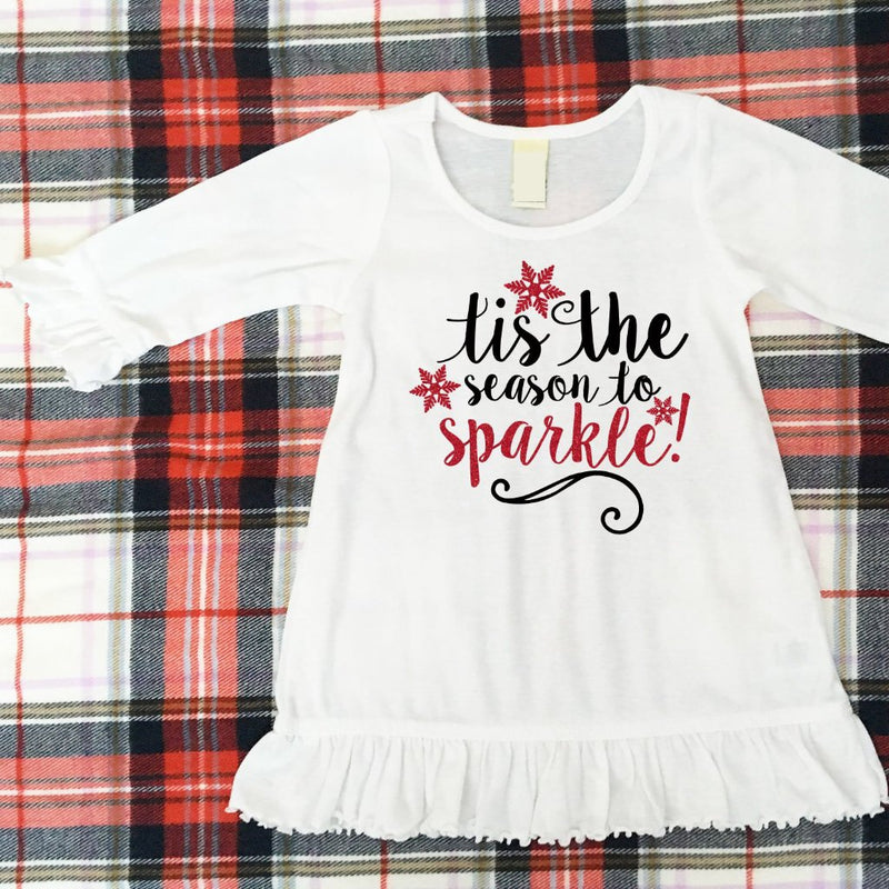 Girls Christmas Dress, Baby Girl Holiday Dress, Tis The Season To Sparkle Dress, Red, Black or White