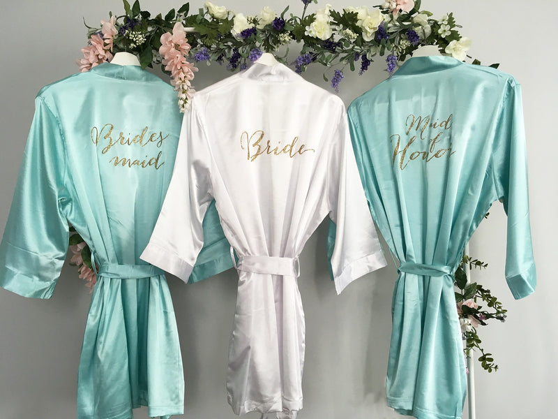White Bride Robe, Turquoise Maid of Honor Robe, Turquoise Bridesmaid robe, Satin Bridal Party Robes